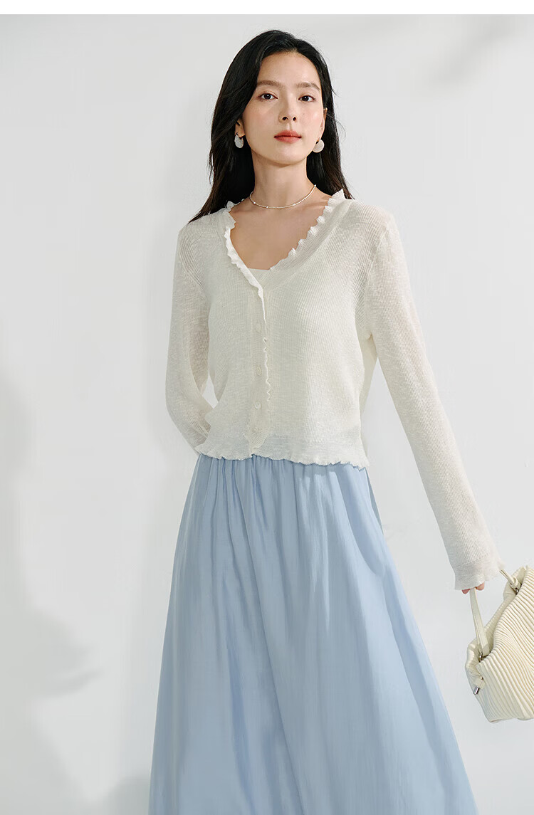 Inman Lotus Leaf V-Neck Lightweight Knit Cardigan Slim Fit Long Sleeve Top Vacation Style 25